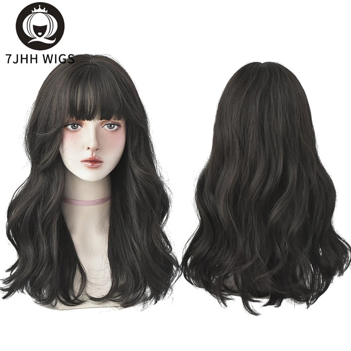 7JHHWIGS Long Wavy Synthetic Black Wigs For Women With Fringe Fashion Heat Resistant Mid-Length Daily Straight Light Brown Hair