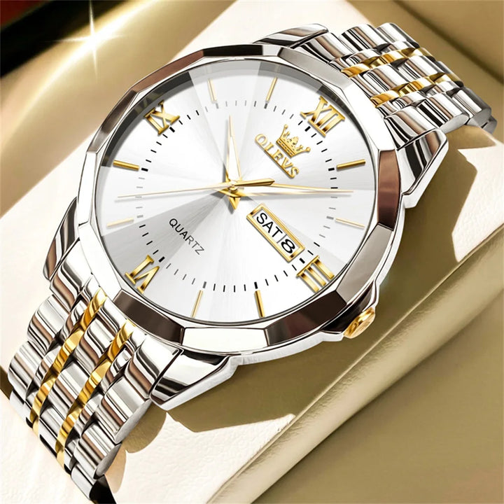 OLEVS Men's Watches Causal Fashion Original Quartz Watch for Man Waterproof Stainless Steel Luminous Date Week Trend Dress Reloj