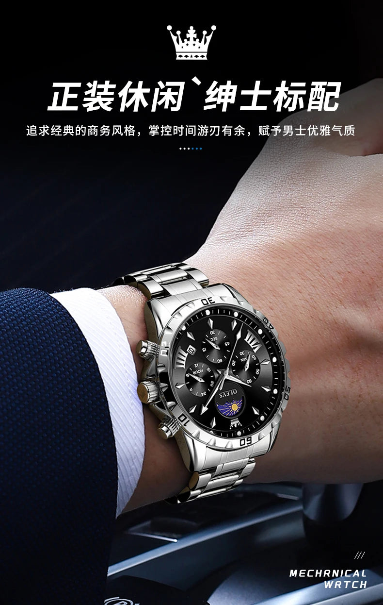 OLEVS Original Moon Phase Men Watches Luminous Skeleton Waterproof Quartz Watch Calendar Chronograph Stainless Steel Wristwatch