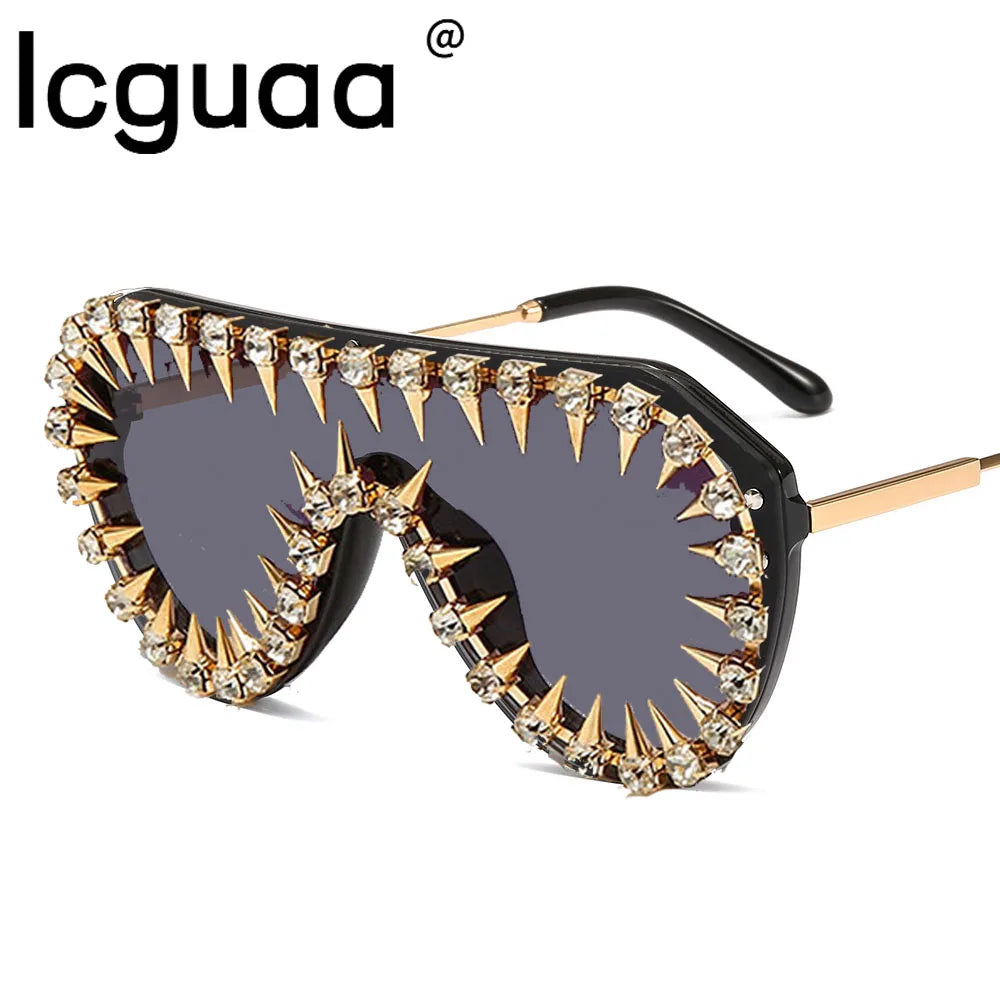 Steampunk Nail Diamond Oversized Sunglasses For Women Luxury Punk Rhinestones One Piece Sun Glasses Men Hip Hop Shades Eyewear