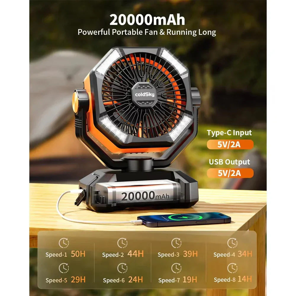 coldSky Camping Fan with 4 LED Lantern 8 Speeds Desk Fan 20000mAh Battery Portable Outdoor Fan for Outdoor Camping and Fishing