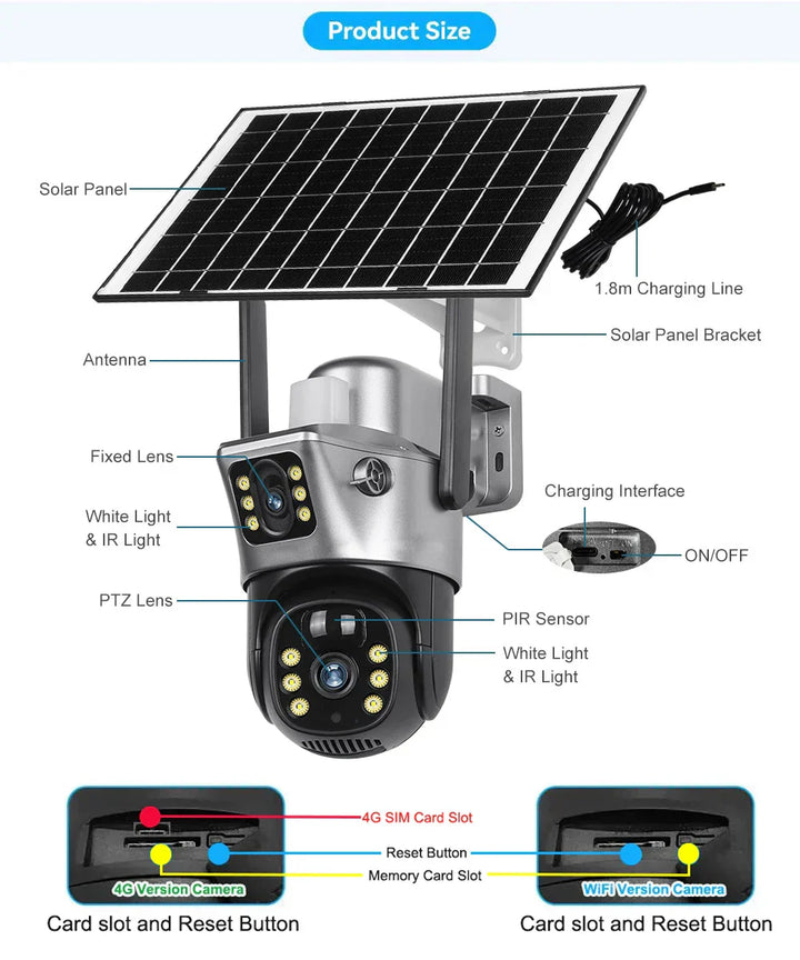 4G Sim Card Solar Camera Dual Lens Outdoor 8MP 4K Low Power Battery IP Camera PIR Night Vision V380 Pro CCTV Security Protection