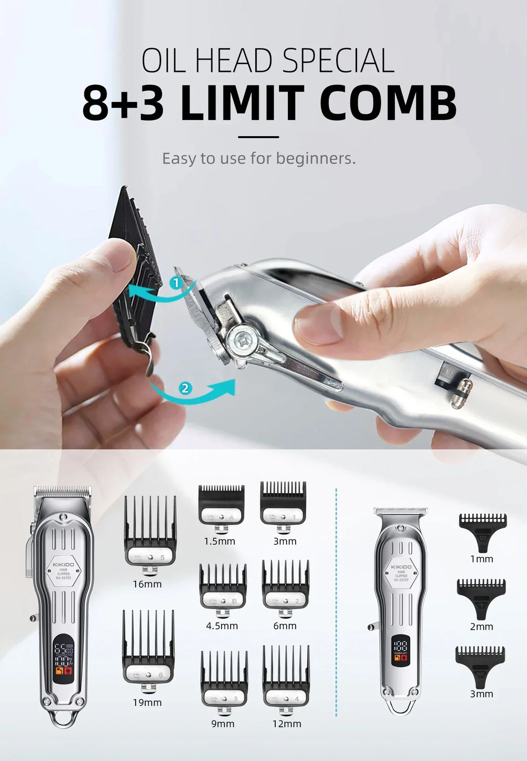 KIKIDO 2in1 Adjustable Cordless Hair Cutting Machine Full Metal Combo Kit Barber Hair Clipper Beard Shaver Kit for Men Gift2575T