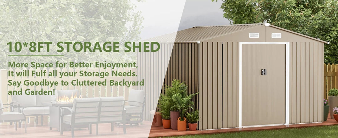 10 x 8 FT Outdoor Storage Shed, Waterproof, Lockable Door Metal Tool Sheds w/Sliding Door and Air Vents, Metal Storage Shed