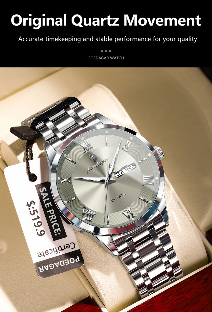 POEDAGAR Business Fashion Man Watch Waterproof Luminous Date Week Male Wristwatch Stainless Steel Quartz Men Watches Reloj +Box