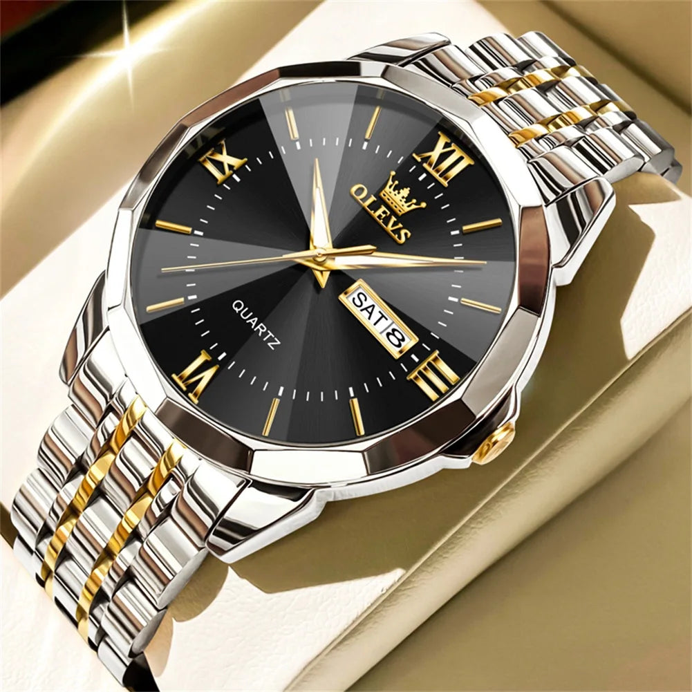 OLEVS Men's Watches Causal Fashion Original Quartz Watch for Man Waterproof Stainless Steel Luminous Date Week Trend Dress Reloj