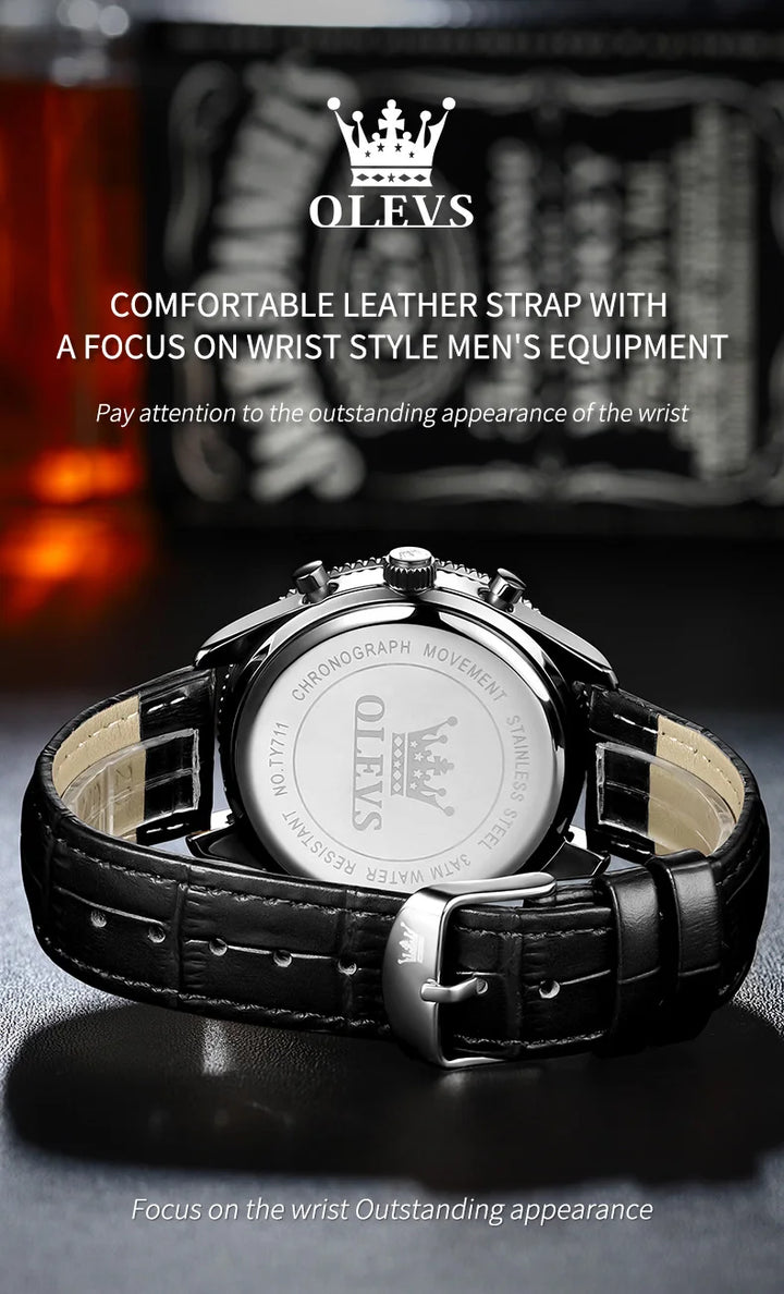 OLEVS Original Quartz Watch for Men Leather Strap Chronograph Calendar Waterproof Luminous Men's Wristwatches Relógio Masculino