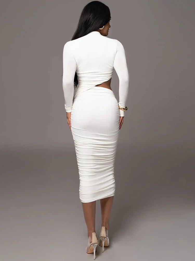 Ahagaga Fashion Sexy Club Hollow Out Dresses Women Regular Casual Solid O-neck Long Sleeve Slim Bodycon Elegant Vestidos Robes
