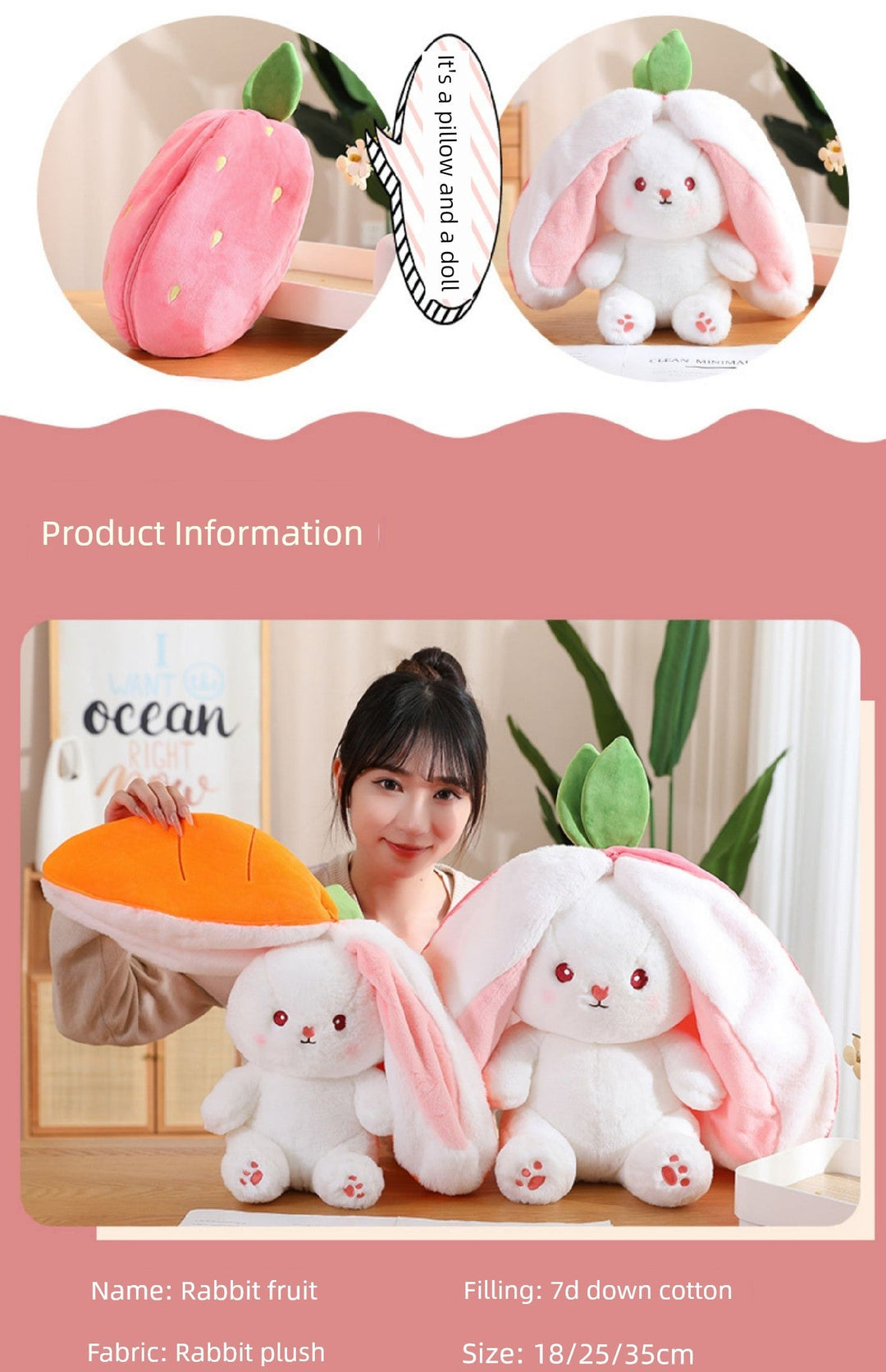 Strawberry Rabbit Doll Transformation Strawberry Rabbit Doll Zipper Plush Toy Rabbit Doll Birthday Gift for Girls Female