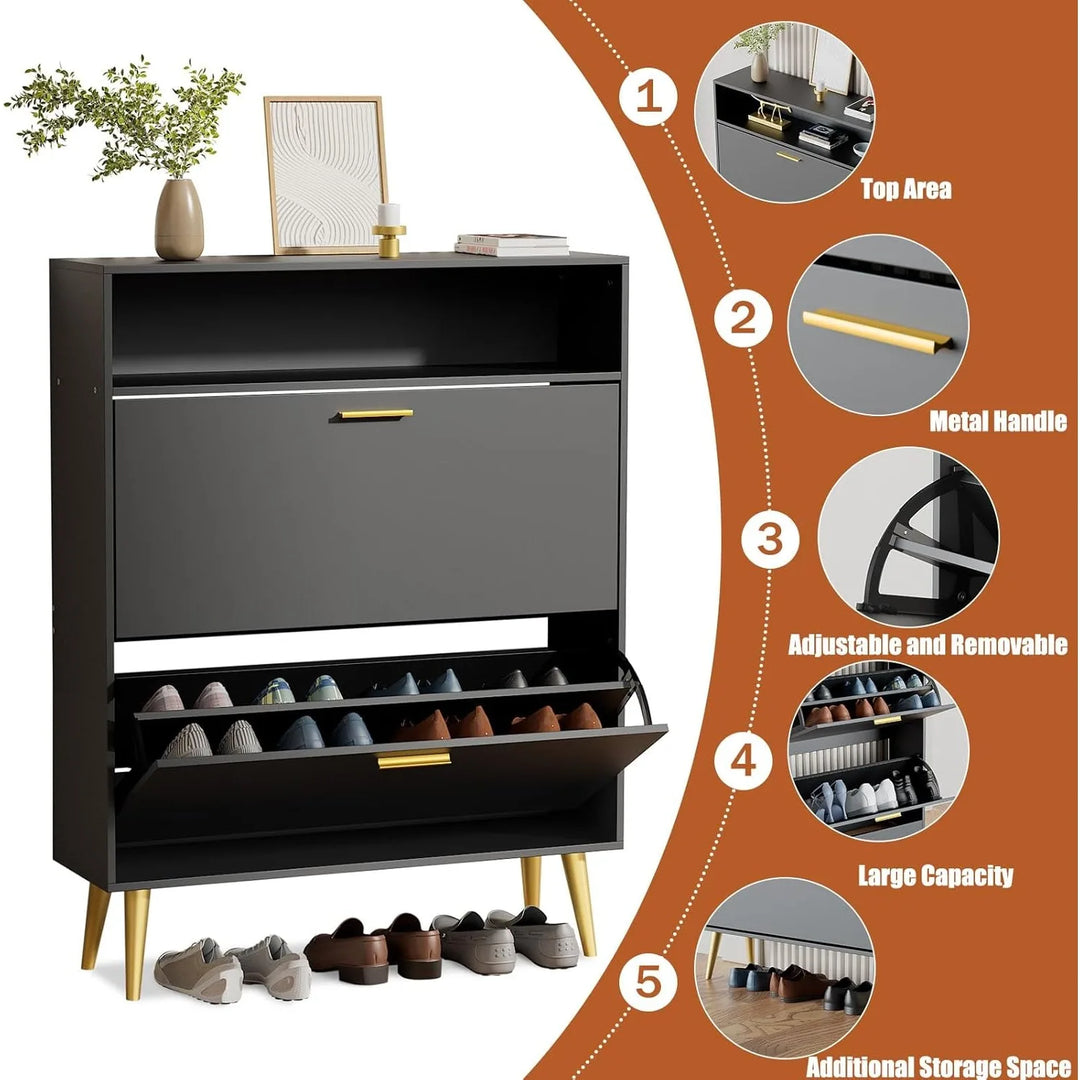 Slim Shoe Cabinet with 2 Flip Drawers