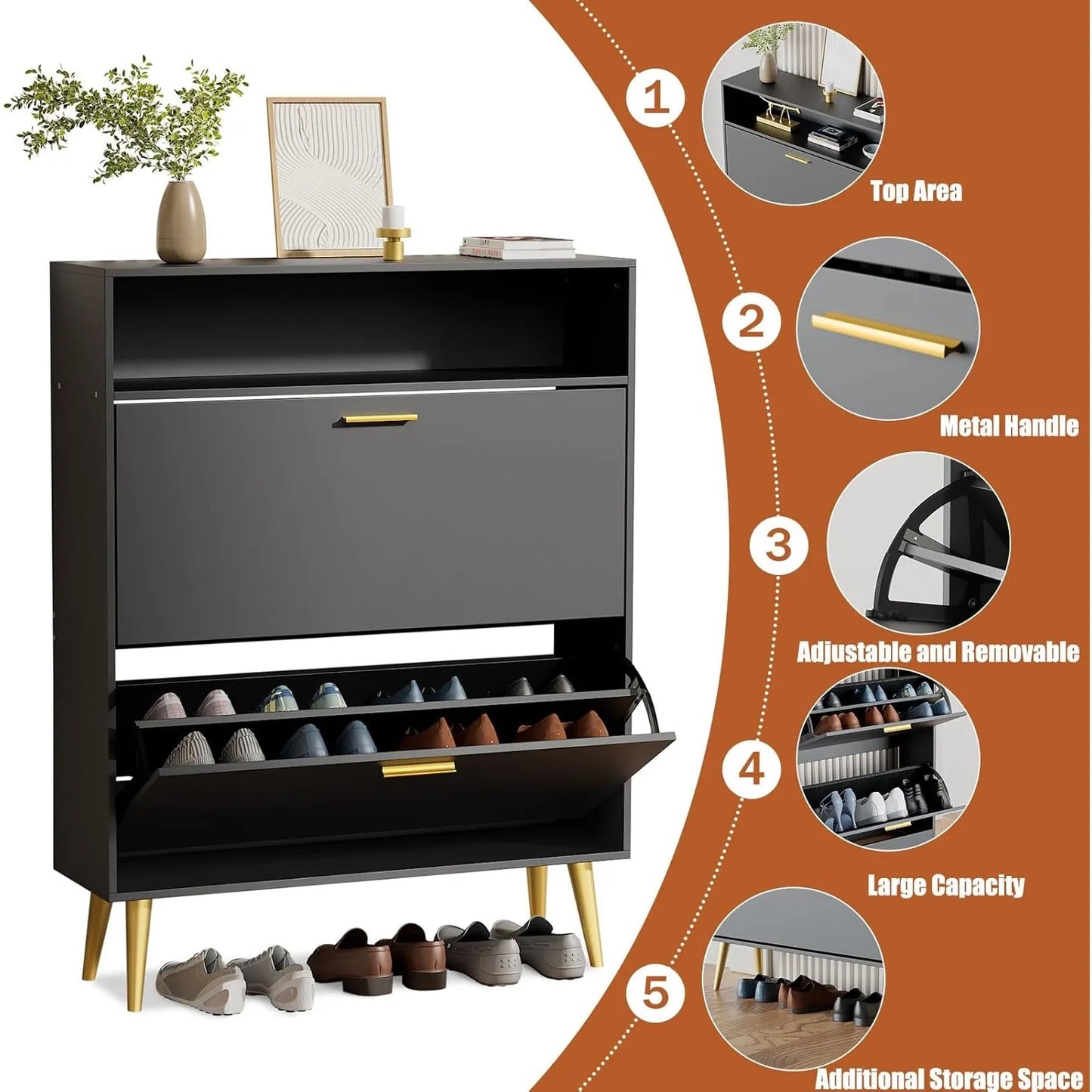 Slim Shoe Cabinet with 2 Flip Drawers