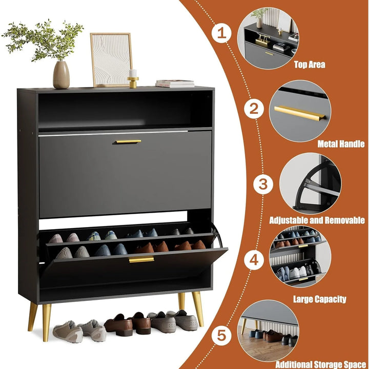 Slim Shoe Cabinet with 2 Flip Drawers