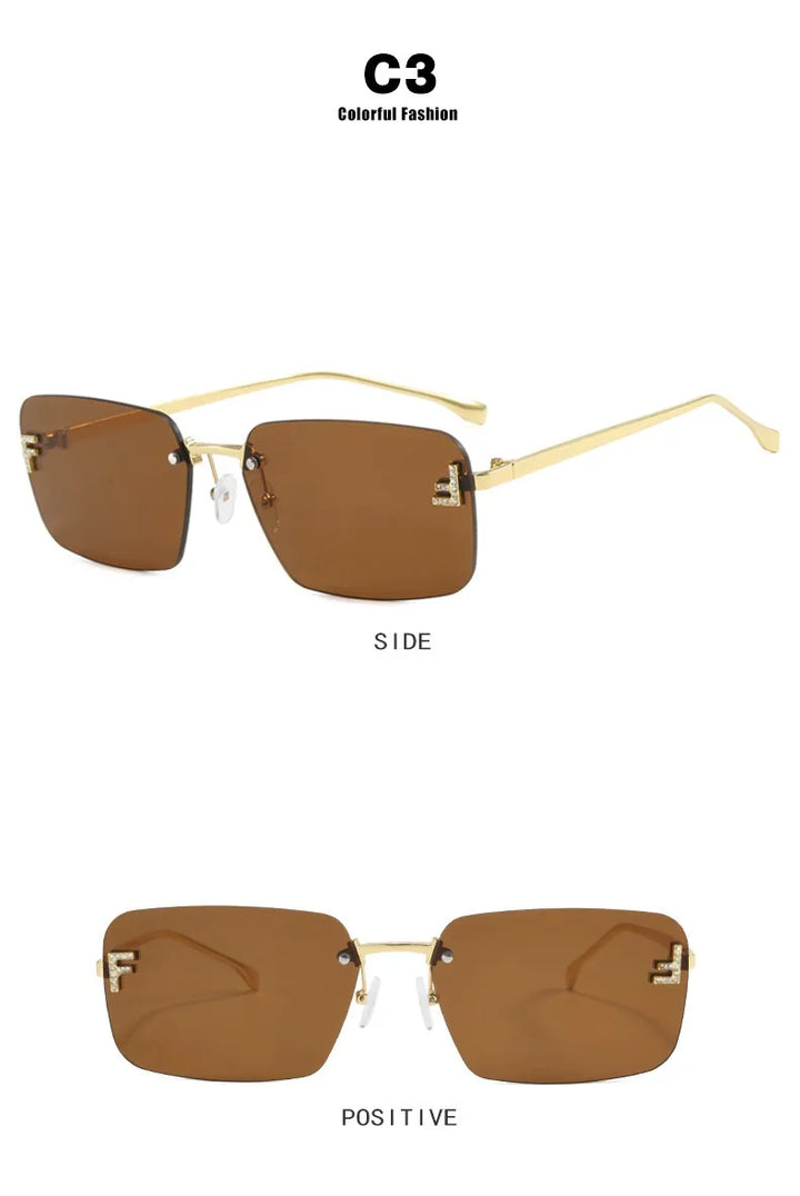 Rimless Sqaure Sunglasses F Letter Rectangle Shades For Men Women Trendy Driving Frameless Casual Eyewear UV400 Oculos Del Sol