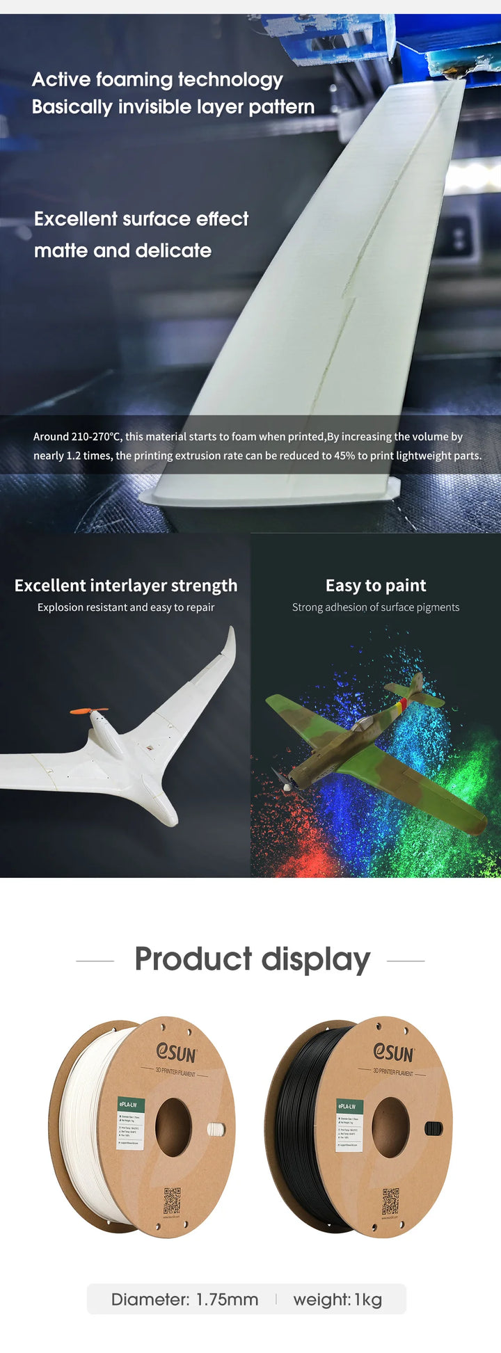 eSUN PLA-LW 3D Printer Filament 1.75mm 1KG 2.2LBS 3D Printing Filament Light Weight foam Material for 3D Printer aircraft