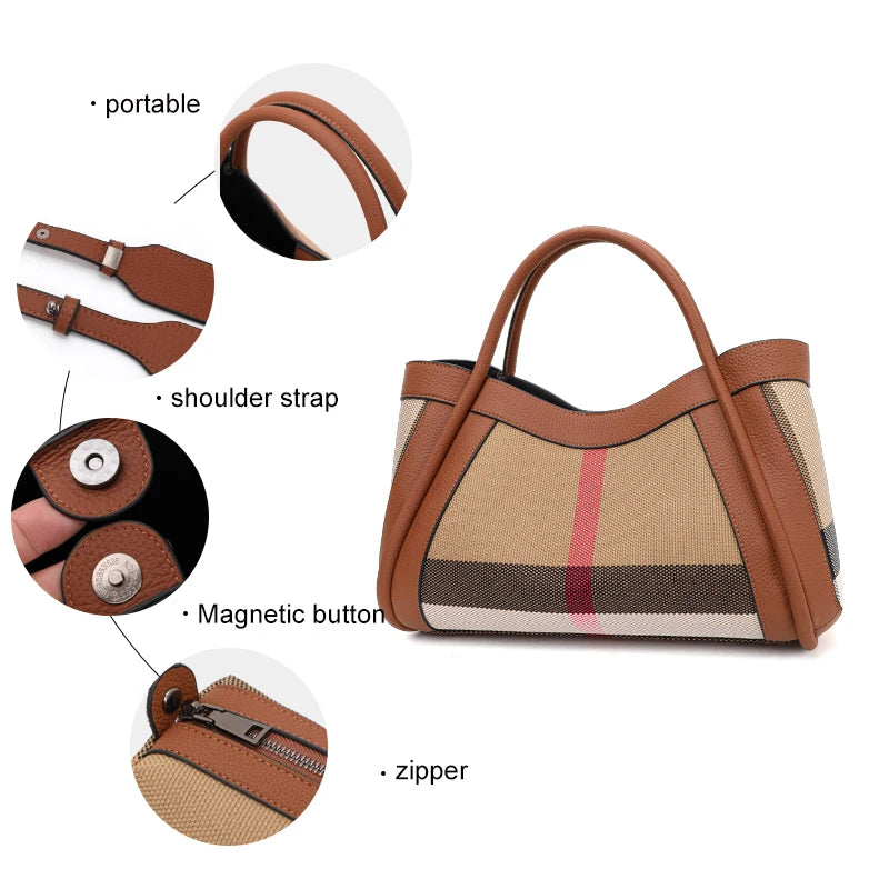 Aidrani  2025 New retro checkered women's handbag, large capacity luxury bag, canvas genuine leather bag