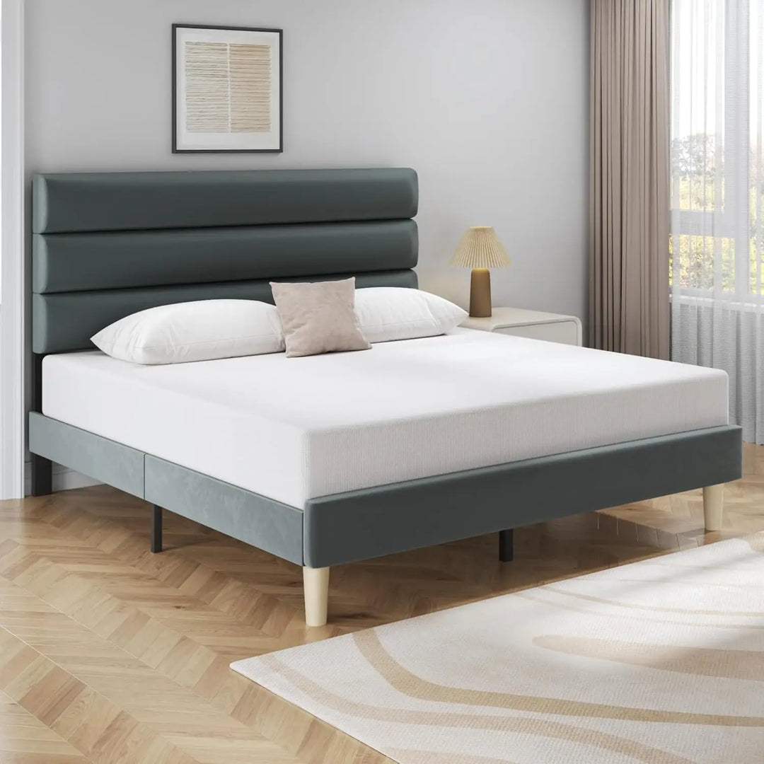 Queen Size Bed Frame, Velvet Padded Headboard, Metal Support, Easy To Assemble, Storage Space, No Spring Box Required