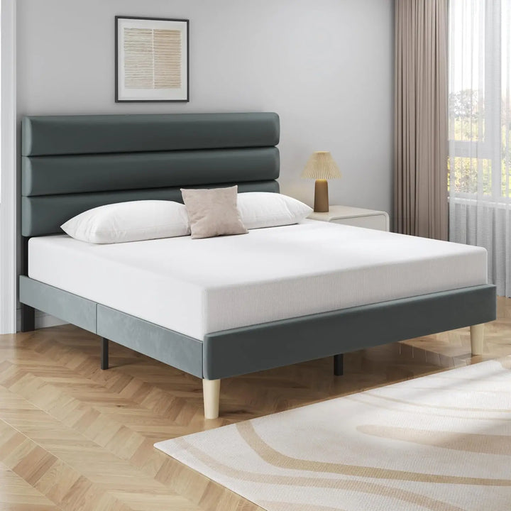 Queen Size Bed Frame, Velvet Padded Headboard, Metal Support, Easy To Assemble, Storage Space, No Spring Box Required