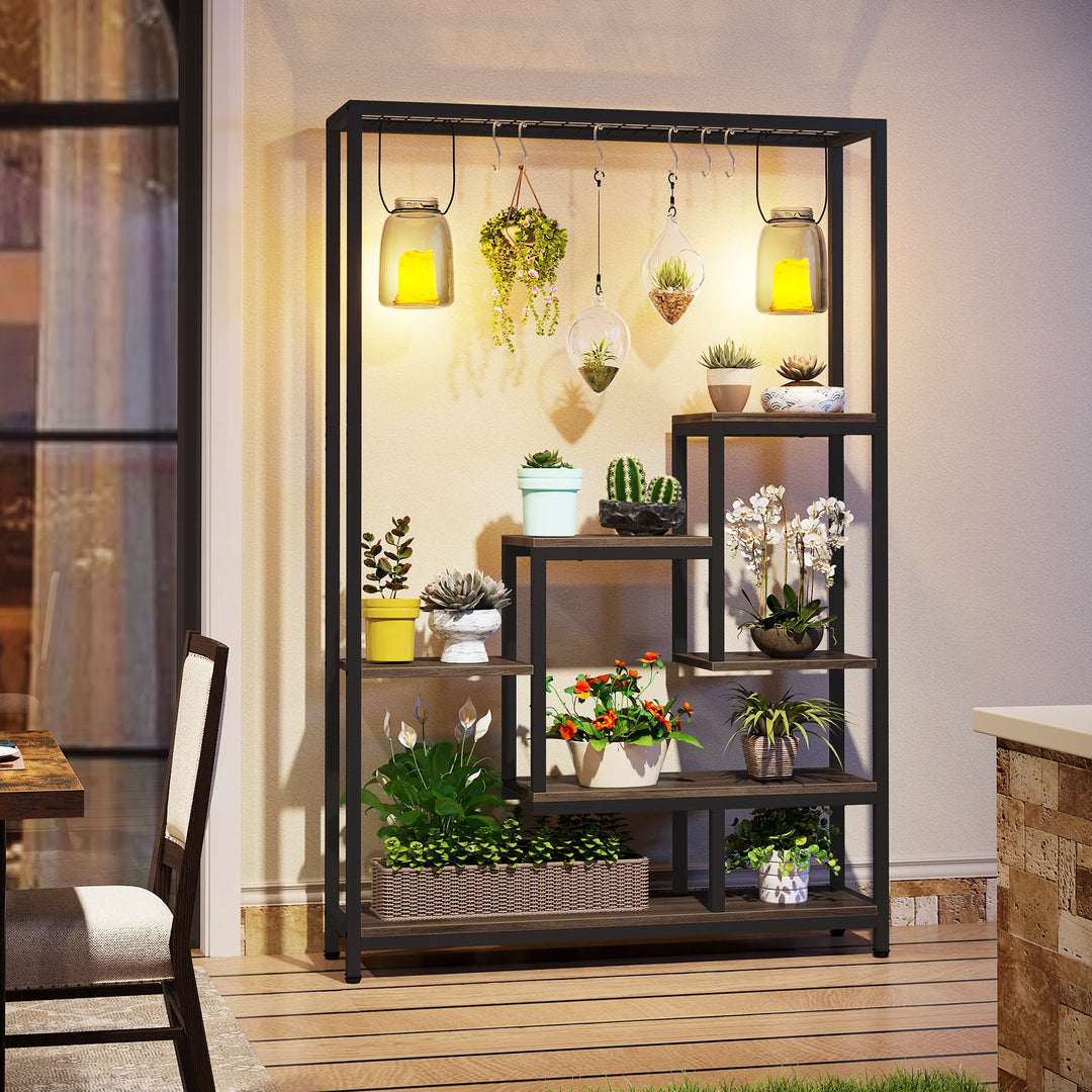 Tribesigns 5 Tiers Tall Indoor Plant Stand 70.9 inches Large Metal Plant Shelf with 10 PC S Hanging Hooks for Garden