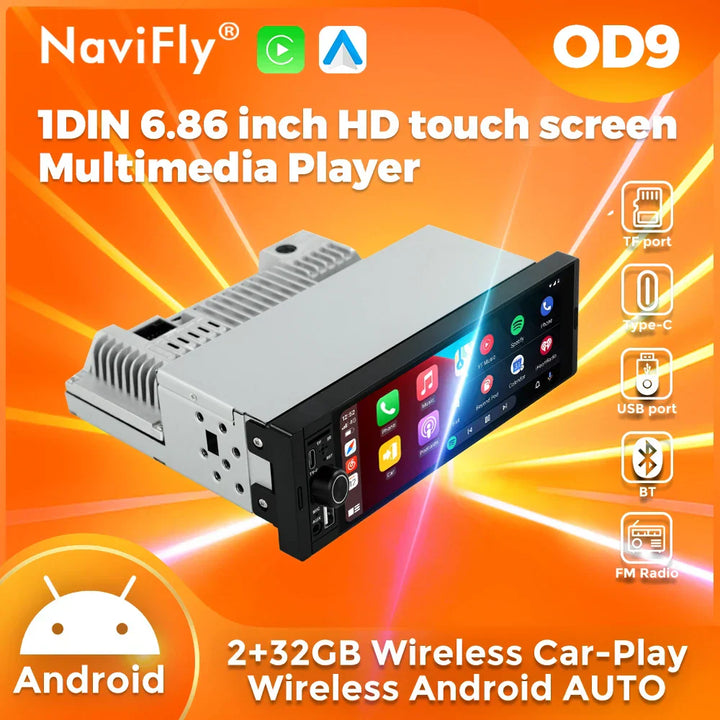 Navifly 2G+32G Universal 1 Din Android 6.86 Inch HD Touch Screen Wireless CarPlay Auto Car Radio Multimedia Video Player GPS FM