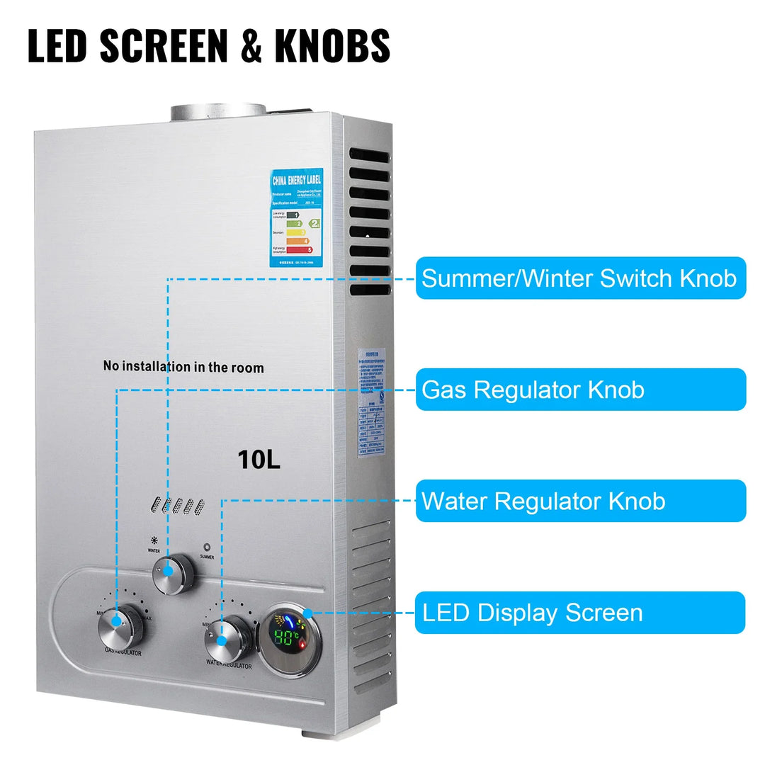 VEVOR Gas Water Heater LPG Hot Water Heater Stainless Steel Tankless  Propane Gas LPG Boiler Home Appliance 6L-18L