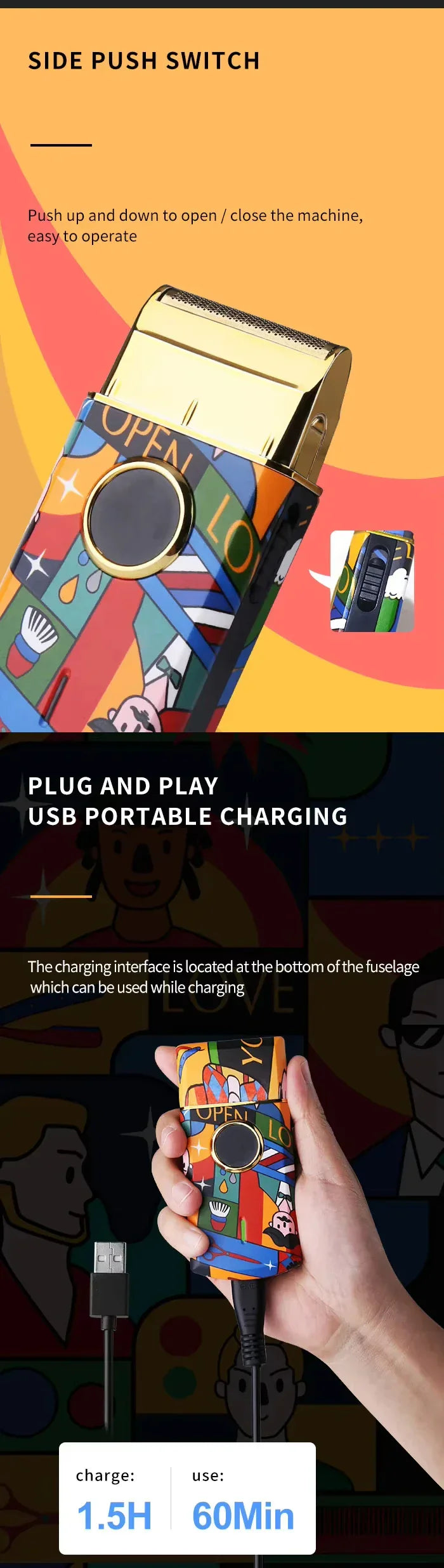 Kemei Rechargeable Graffiti Pattern Electric Hair Clipper Professional Barber Trimmer Man Shaver Km-MAX2092 KM-MAX5090 KM-RS7098