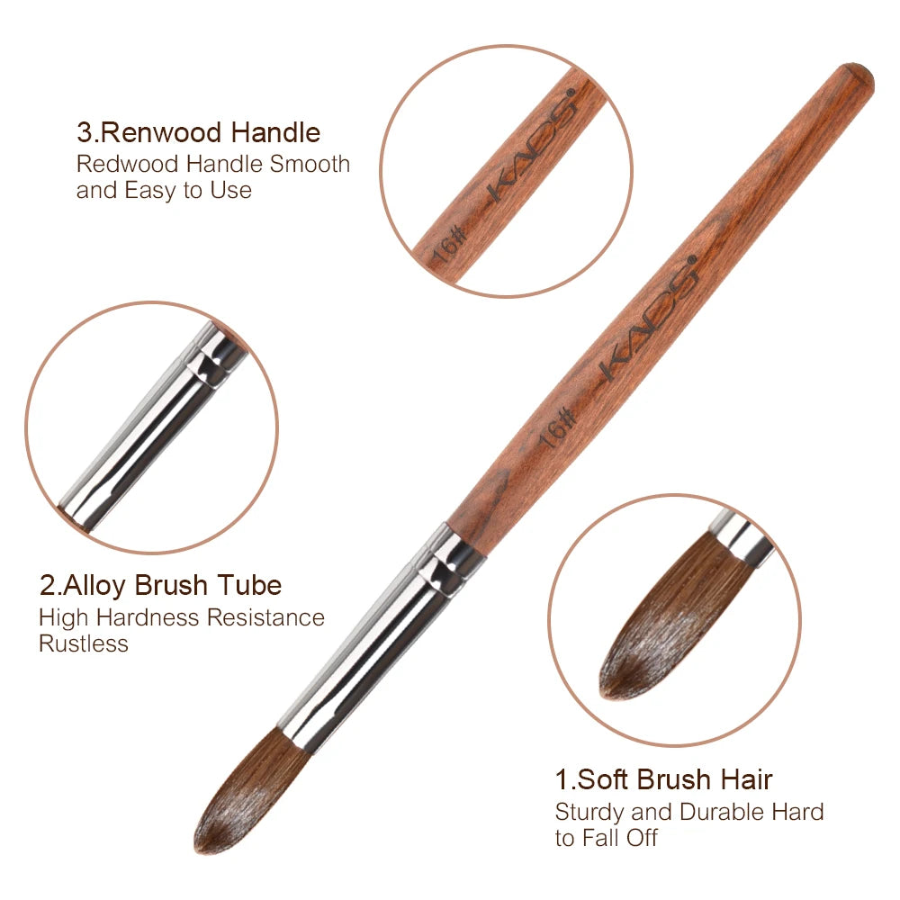 KADS Acrylic Nail Brush Crimped Kolinsky Sable UV Nail Art Gel Extension Brush Manicure Brush Flat Round Red Wood Nail Brush