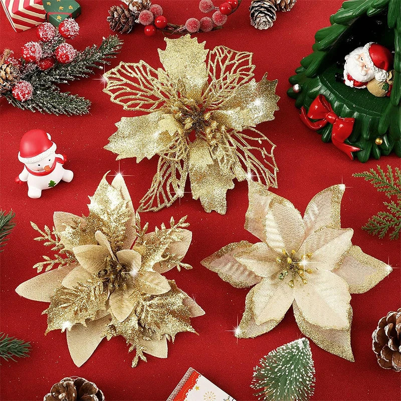 Glitter Artificial Christmas Flowers Set