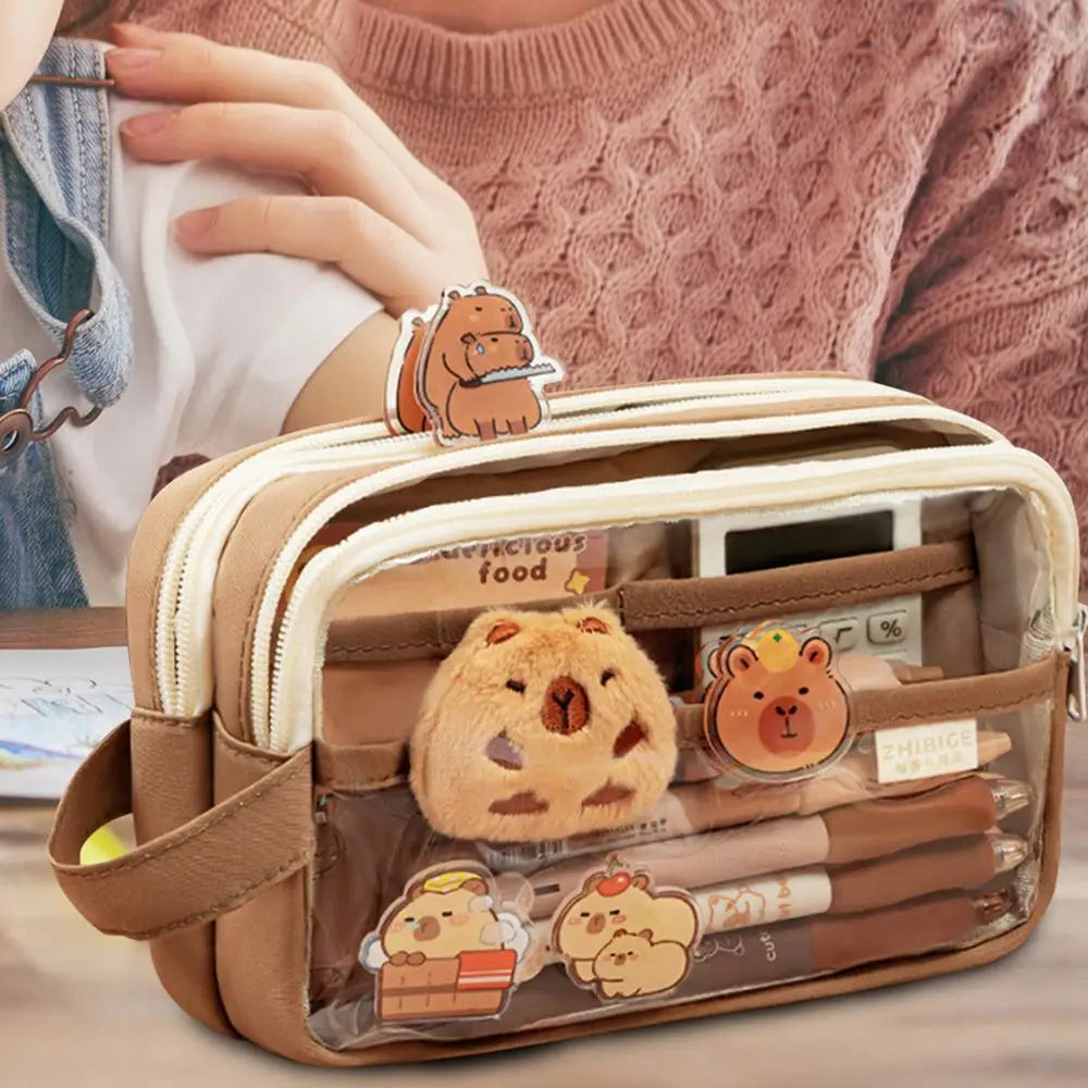 Clear Plastic Pencil Case With Cute Capybara Plush And Pins Multi-layers Pouch Large Capacity Aesthetic Pencil Pouch Stationary