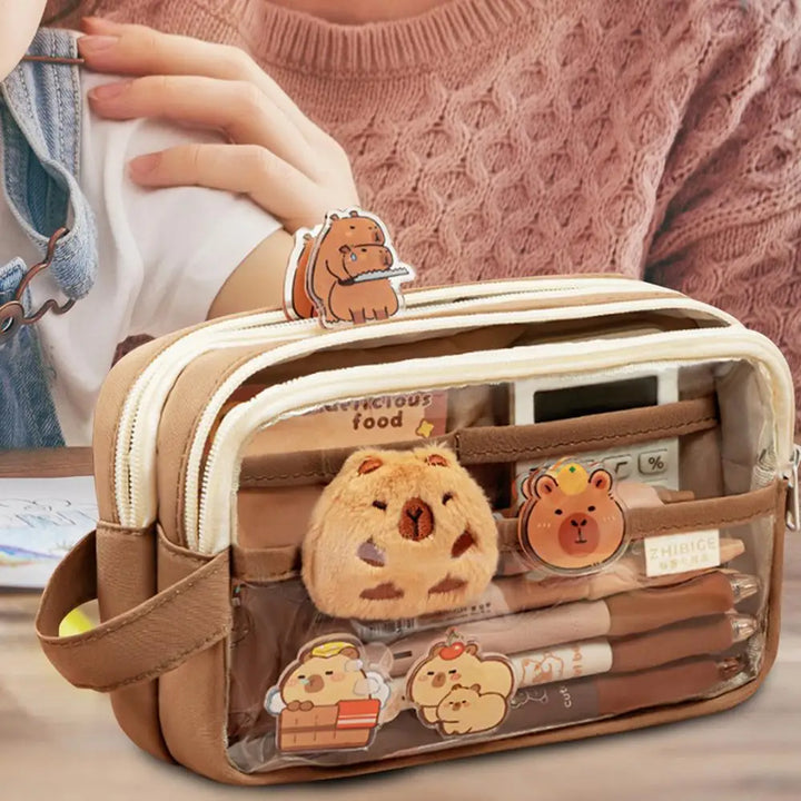 Clear Plastic Pencil Case With Cute Capybara Plush And Pins Multi-layers Pouch Large Capacity Aesthetic Pencil Pouch Stationary