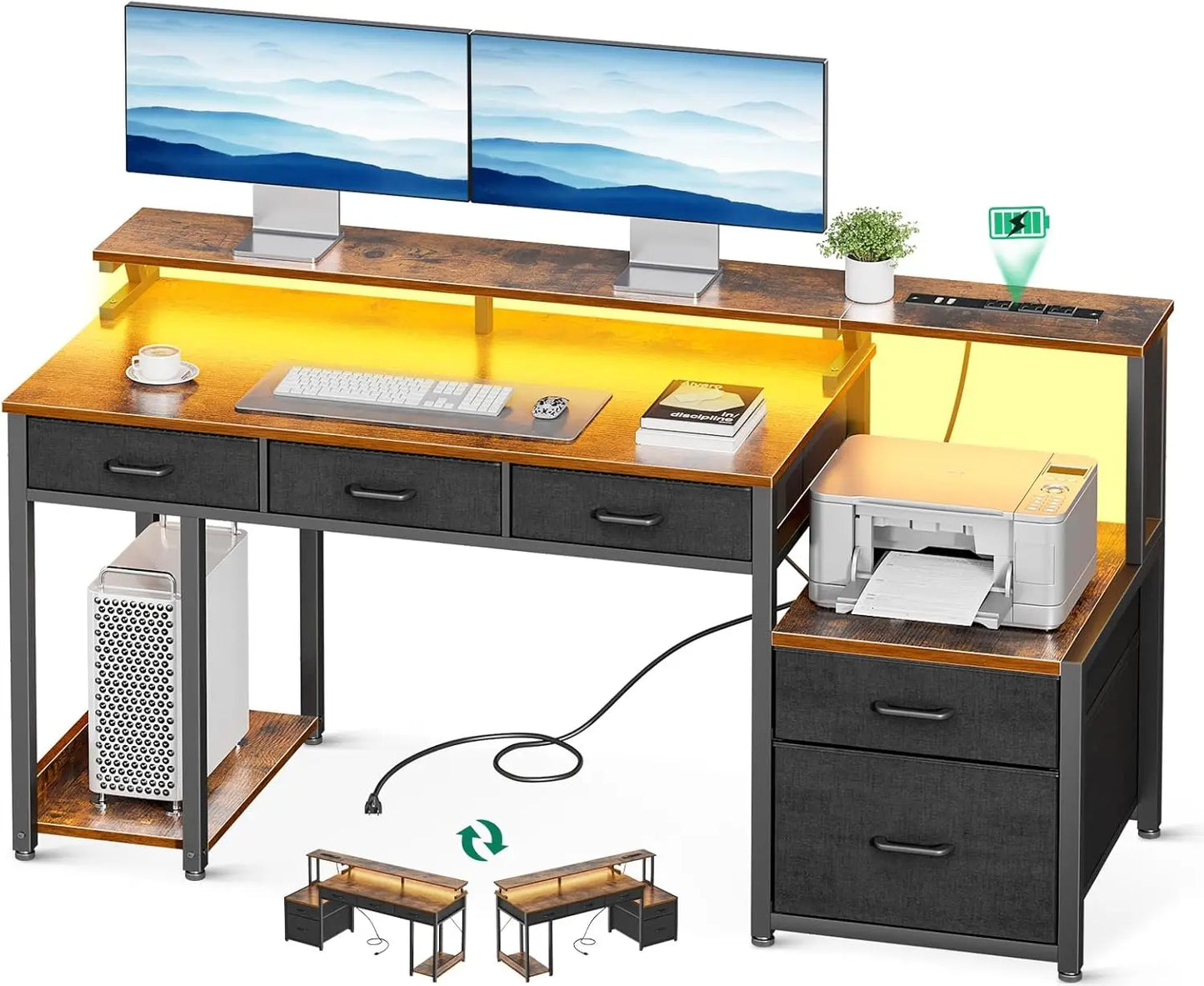 Office Desk with Drawers & LED