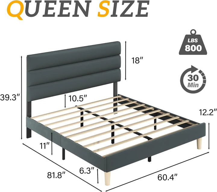 Queen Size Bed Frame, Velvet Padded Headboard, Metal Support, Easy To Assemble, Storage Space, No Spring Box Required