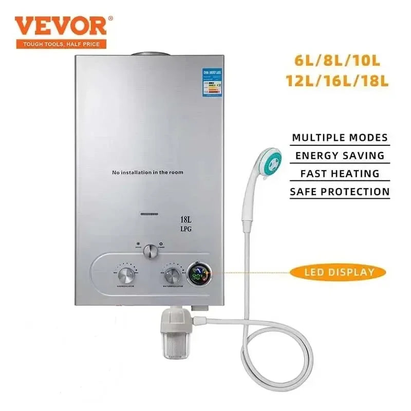 VEVOR 6L-18L Propane Gas Tankless Water Heater, Bathroom heating instant,Outdoors Water Heater Boiler Car Camping