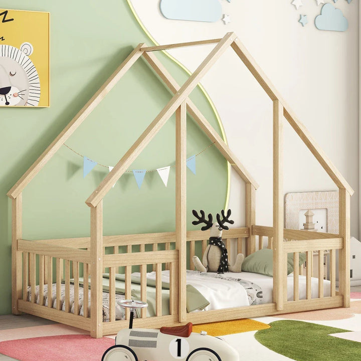 Twin House Floor Bed with Fence