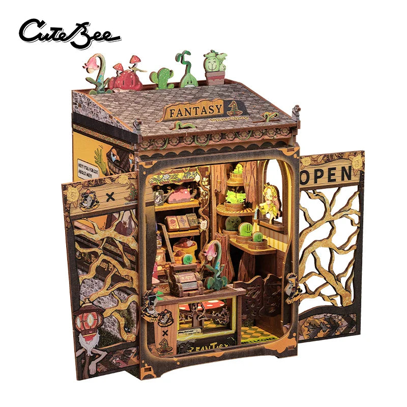 CUTEBEE Bookstore Book Nook with Light DIY Miniature Wooden Dollhouse for Decor Gift Bookshelf Insert Kit 3D Puzzle