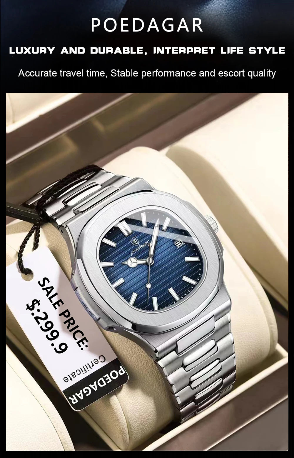 POEDAGAR Luxury Casual Watch Top Brand Fashion Square Dial Stainless Steel Calendar Luminous Waterproof Men Watch Male Clock+Box