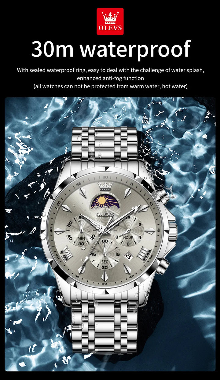 OLEVS Top Moon Phase Fashion Men's Watches Stainless steel Waterproof Quartz Watch for Man Calendar Luminous Daily Wristwatch