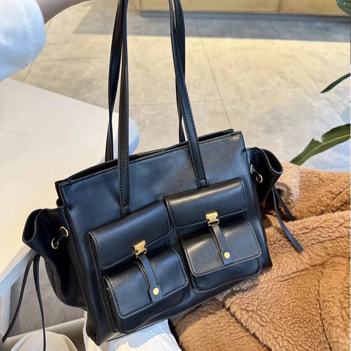 Luxury Brand Silver Buckle Fashion Genuine Leather Handbag New Large Capacity Tote Bag Designer Women's Commuter Shoulder Bag