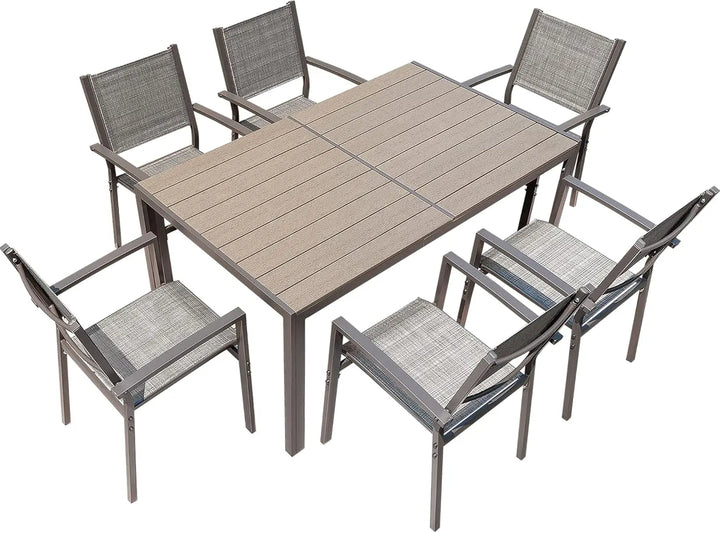 7 Piece Patio Dining Set Outdoor Furniture Set with Weather Resistant Table and 6 Stackable Textilene Chairs for Garden,