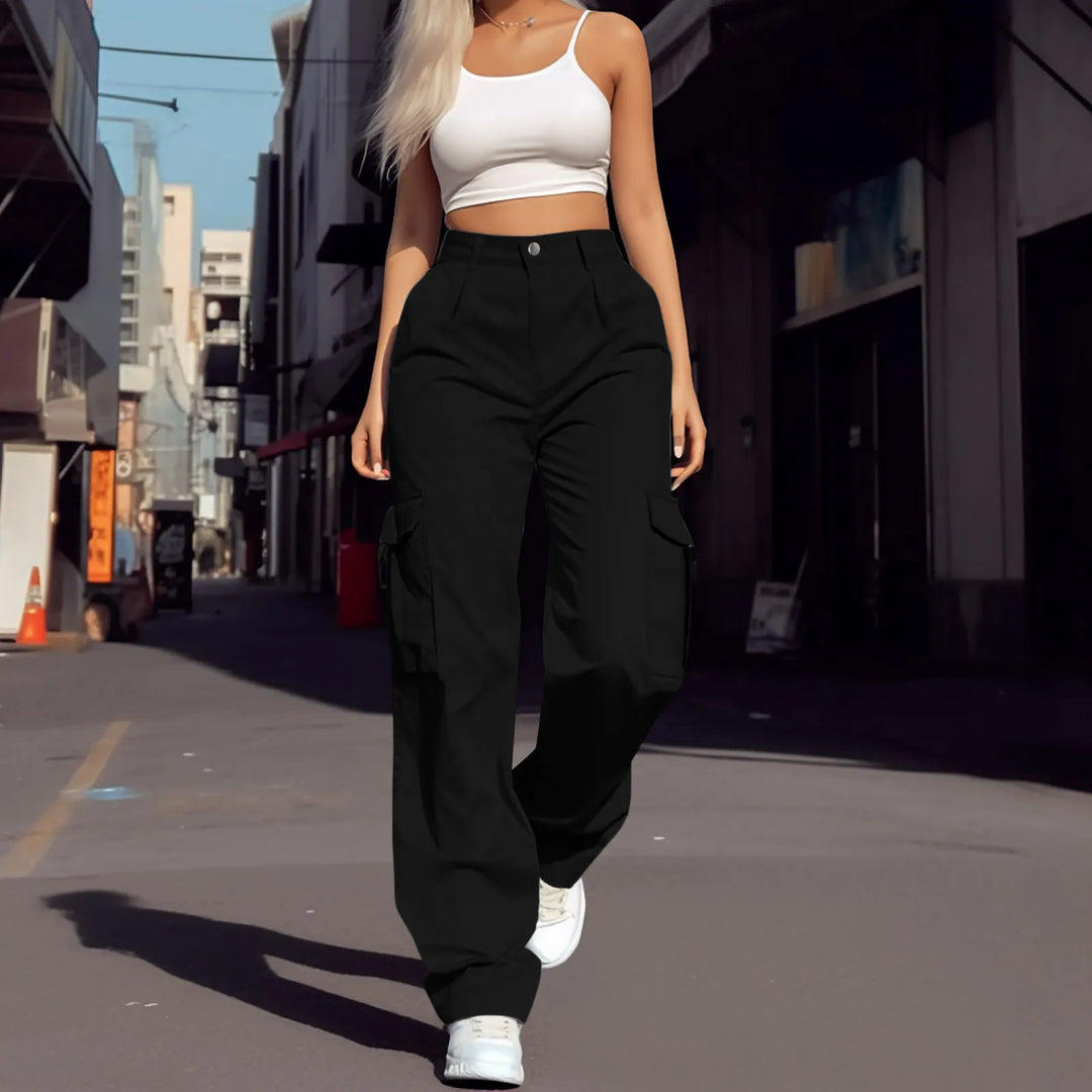 Womens Cargo Pants High Waist Streetwear Multi Pocket Y2k Parachute Pants Button Solid Color Wide Leg Trousers