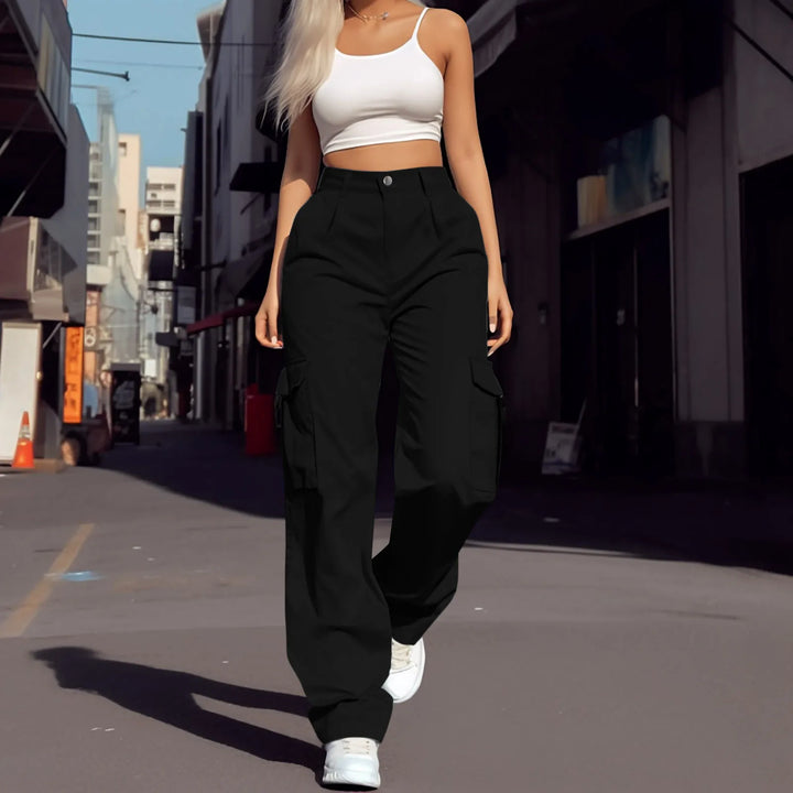 Womens Cargo Pants High Waist Streetwear Multi Pocket Y2k Parachute Pants Button Solid Color Wide Leg Trousers