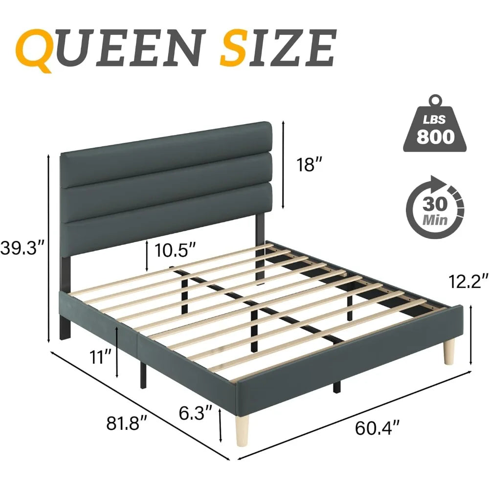 Queen Size Bed Frame, Velvet Padded Headboard, Metal Support, Easy To Assemble, Storage Space, No Spring Box Required