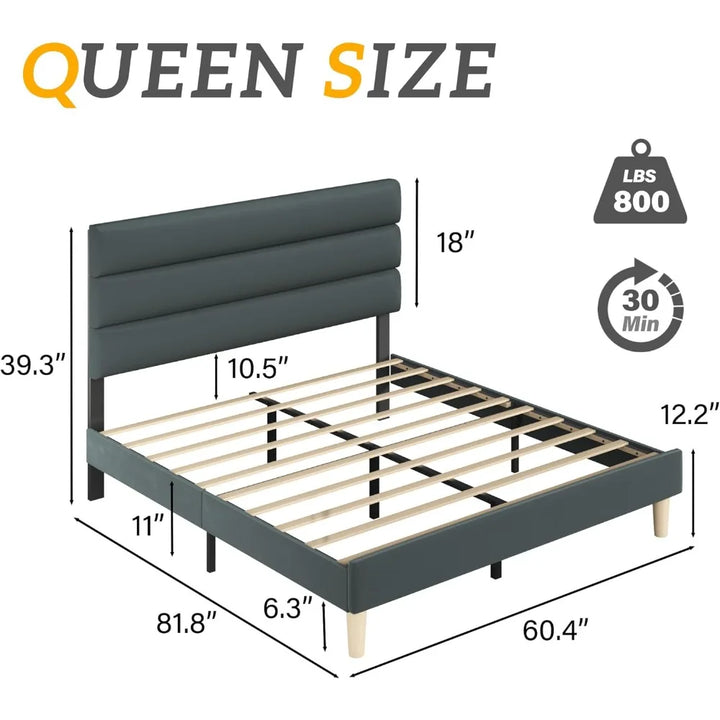 Queen Size Bed Frame, Velvet Padded Headboard, Metal Support, Easy To Assemble, Storage Space, No Spring Box Required