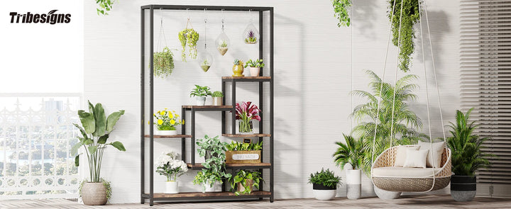 Tribesigns 5 Tiers Tall Indoor Plant Stand 70.9 inches Large Metal Plant Shelf with 10 PC S Hanging Hooks for Garden