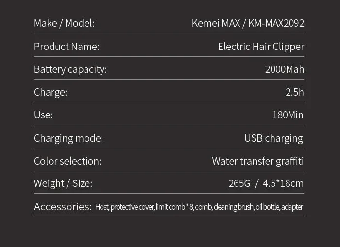 Kemei Hair Clipper Rechargeable Graffiti Pattern Electric Professional Barber Trimmer Man Shaver KM-MAX2092 KM-MAX5090 KM-RS7098