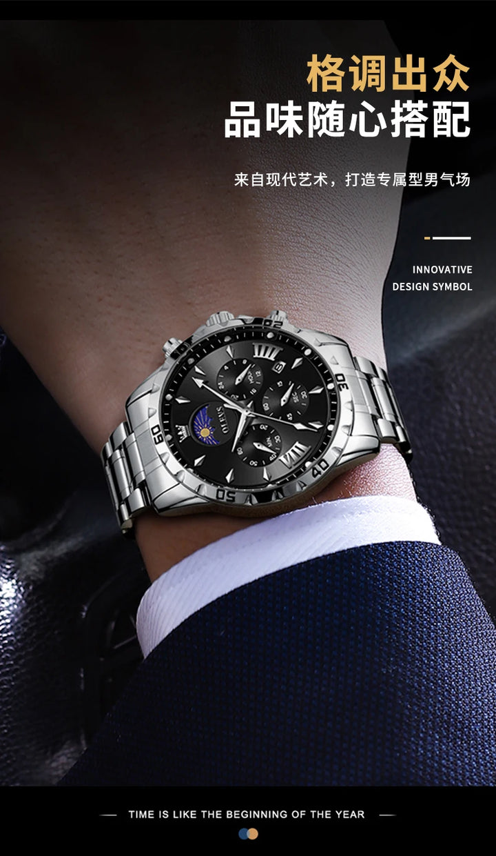 OLEVS Original Moon Phase Men Watches Luminous Skeleton Waterproof Quartz Watch Calendar Chronograph Stainless Steel Wristwatch