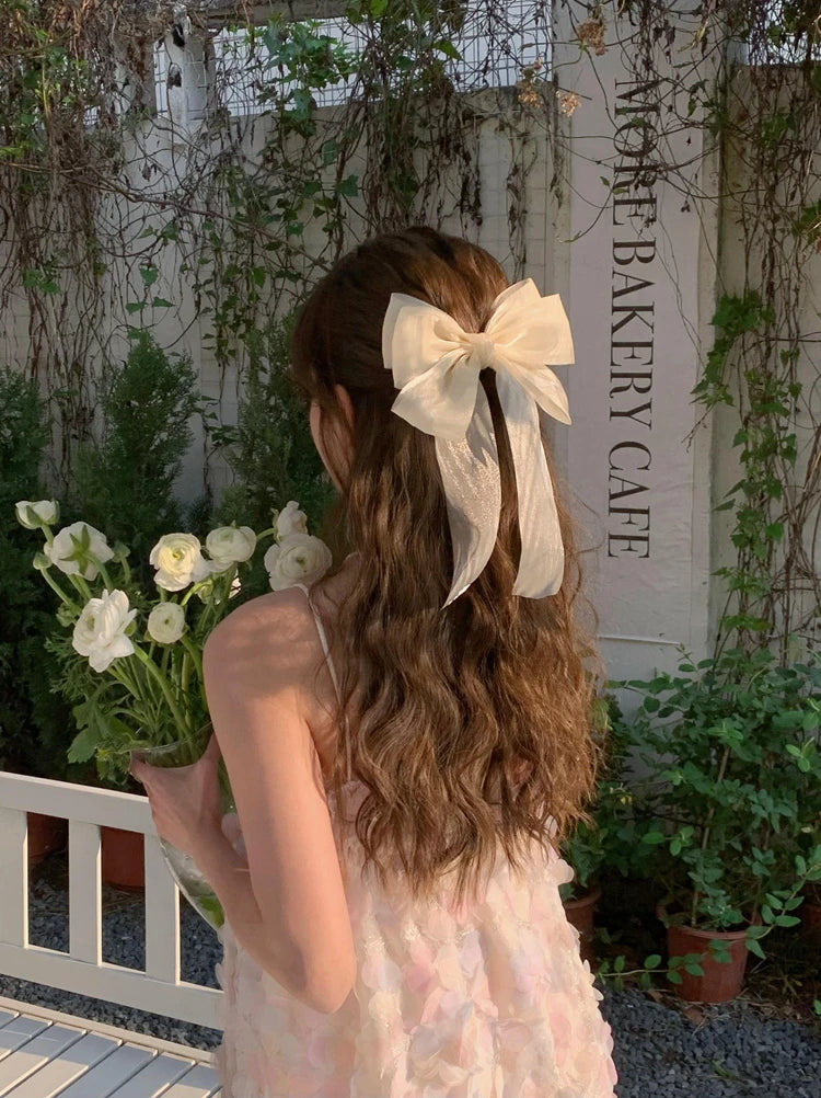 Sweet Blue Shining Satin Bowknot Hair Clip Big Ribbon Bow Barrette Solid Color Scarf Hairpin Ponytail Clip Hair Accessories