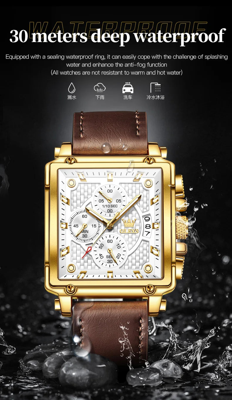 OLEVS Men's Top Brand Square Quality Quartz Wristwatch Chronograph Waterproof Original Watch for Man Luminous Date Luxury