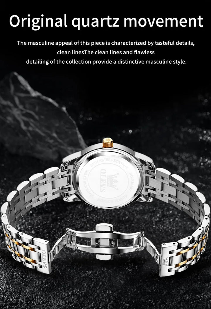 OLEVS Trend Fasahion Men's Watches Stainless Steel Original Quartz Watch for Man Waterproof Luminous Date Moon Phase Wristwatch
