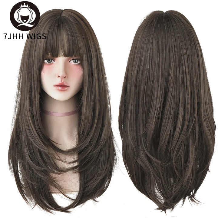 7JHHWIGS Long Wavy Synthetic Black Wigs For Women With Fringe Fashion Heat Resistant Mid-Length Daily Straight Light Brown Hair