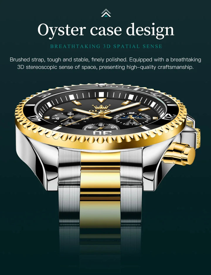 OLEVS Moon Phase Men's Watches Original Waterproof Luxury Quartz Watch Stainless Steel Chronograph Date Rota Dial Wristwatch